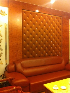 The walls were quilted with vinyl and diamonds.